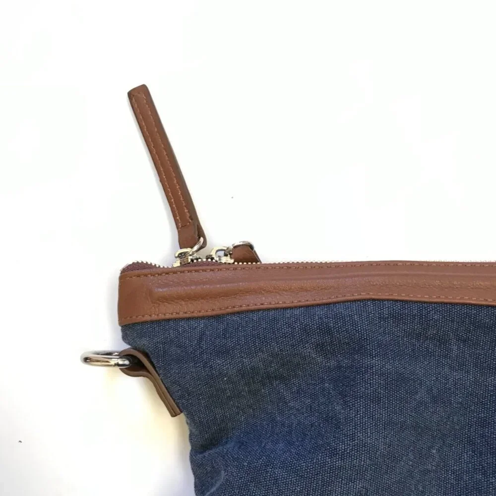 Eleventy Canvas Leather Travel Tote Bag Mens Navy Blue Brown Commuter Top Zipper